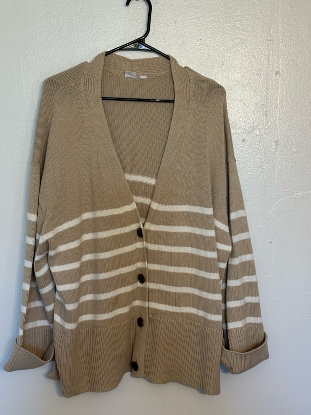 GAP Beige and White Striped V-Neck Button Cardigan